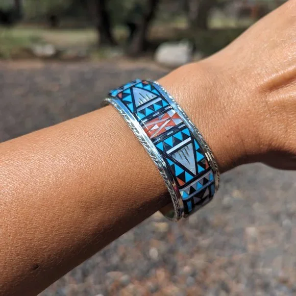 Native American Handmade Cuff‎ Bracelet Zuni Inlay Sterling Silver sz7US *** - Picture 7 of 11